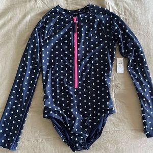 Gap Youth Long Sleeve Swim Suit, Navy Blue w/ White Polka Dots XXL (14-16). NWT